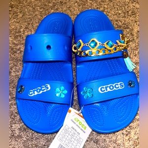 cobalt blue crocs slides sandals w/charms. NWT. new with tags brand new